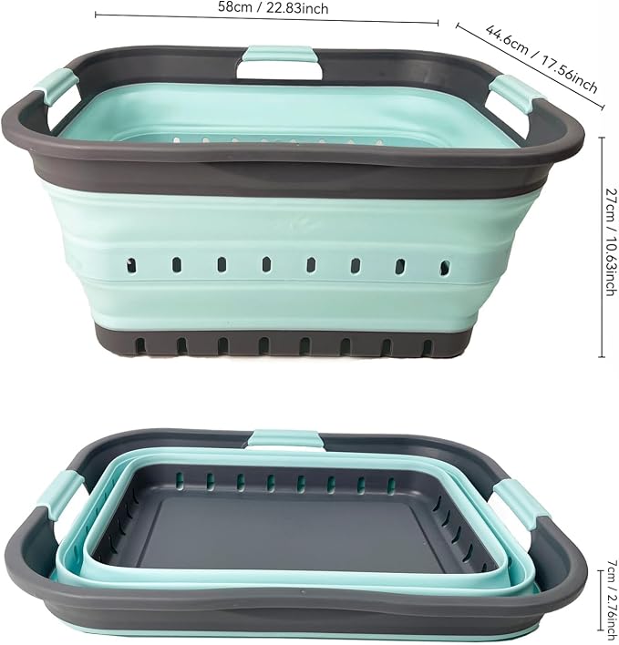 SAMMART 42 (11 Gallons) Collapsible Plastic Laundry Basket, Foldable Pop Up Storage Container/Organizer, Space Saving Hamper, Portable Bin for Dorm Room Bathroom (1, Grey/Lake Green) - Image 9
