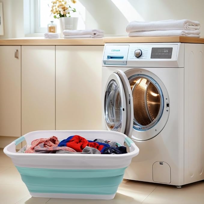 SAMMART 41L (10.8 gallon) Collapsible Plastic Laundry Basket-Foldable Pop Up Storage Container/Organizer-Portable Washing Tub, Water capacity: 32L (8.4 gallon) (Rectangular, White/Lake Green) - Image 4