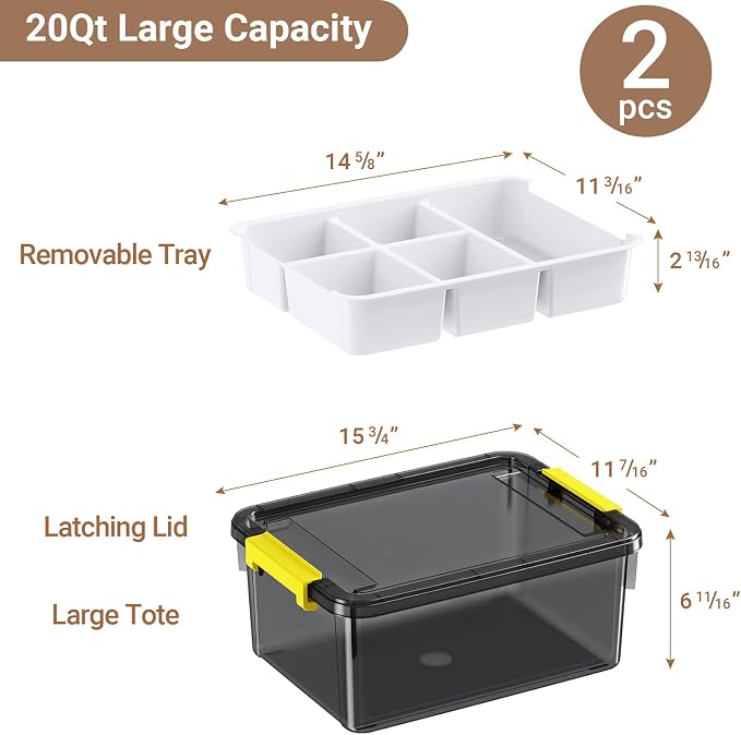 40Qt Stackable Storage Bins with Lids Trays Craft Box Organizers, 2Pack,GY | Clear Plastic Latching Boxes Organizers with Dividers Portable Containers for Arts & Crafts, Home Office Classroom Car Trunk - Image 2