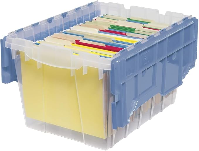 Akro-Mils KeepBox 12 Gallon Storage Container, Nesting and Stackable Plastic Storage Box with Lid Attached and Rails for Letter Size Hanging File Folders, 21" x 15" x 12", Clear/Blue, 6-Pack - Image 6