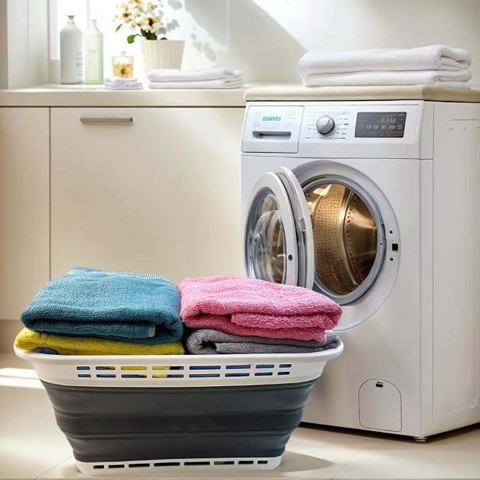 SAMMART 42L (11 Galloons) Collapsible Plastic Laundry Basket - Foldable Pop Up Storage Container/Organizer - Portable Washing Tub - Space Saving Hamper/Basket (White/Asphalt) - Image 2