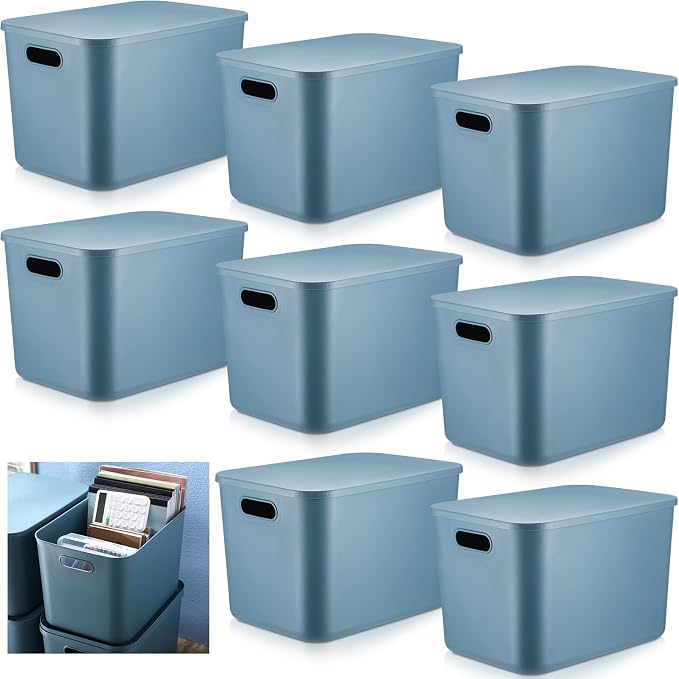 8 Pack Storage Bins, 14.2 X 10.2 X 9.5 Inch Blue | Plastic Stackable Containers with Lid Handle, For Shelves Desktop Playroom Office, Organizing Toys Books Supplies Storage by Hoolerry