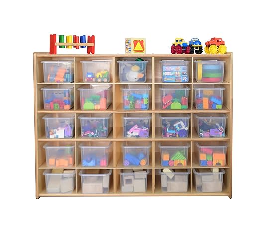 Contender 25 Tray Storage Cabinet with Translucent Trays, Fully Assembled, Wooden Organizer for Classroom, Daycare, or Home by Contender