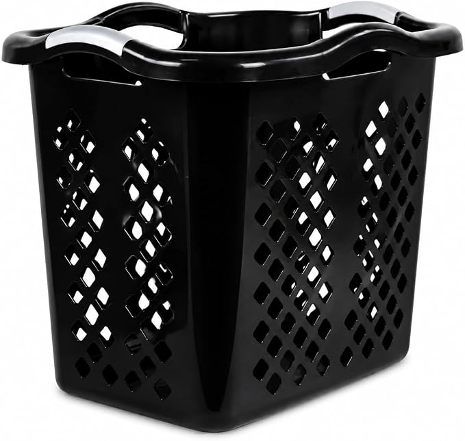 Laundry Basket 2 Bushel Plastic with Handles Black for Bedroom Dorm | 2 Bushel Laundry Basket with Wide Base – Tall sides like a hamper, wide base for stability. Diamond holes for ventilation. by Unknown