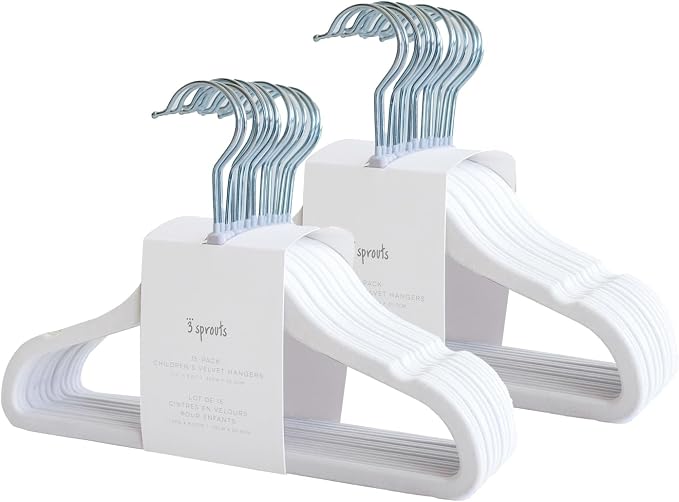 3 Sprouts Velvet Baby Hangers, Non Slip Slim, White, 30 Pack | Non-slip velvet, Notched shoulders, 360-degree swivel hook, 11.75 x 8 in, Infant and toddler clothes, Soft colors for nursery by 3Sprouts
