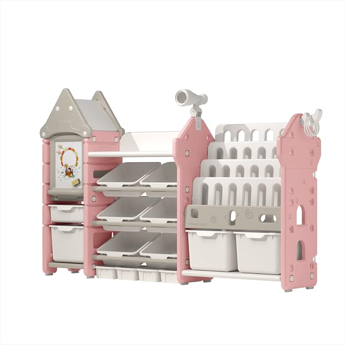 Kids Toy Storage Organizer with Bookshelf, 14-Bin Playroom Organizer and Bookcase, HDPE Toddler Storage Shelf with Drawing Board, for Nursery, Bedroom and Playroom - Image 8