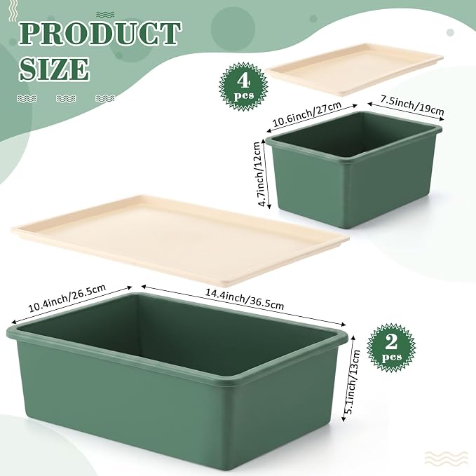 6 Pcs Large and Small Plastic Storage Bins with Lids 14.4 x 10.4 x 5.1 Inch Stackable Storage Containers Decorative Cubby Organizer for Clothes Shelves Garage Closet Office(Green) - Image 2