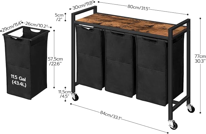 HOOBRO Laundry Sorter 3 Section, Laundry Hamper with Wheels, 3 × 11.5 Gal (43.5 L), Rolling Laundry Basket, Pull-Out and Removable Oxford Fabric Laundry Bags, Rustic Brown and Black BF76XY01 - Image 3