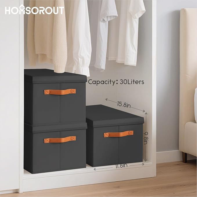 Storage Bins with Lids - Large Fabric Closet Bins with Lid, 6 Pack Clothes Organizers and Storage, Collapsible Stackable Cube Basket for Home, Office, Dorm, Black - Image 7
