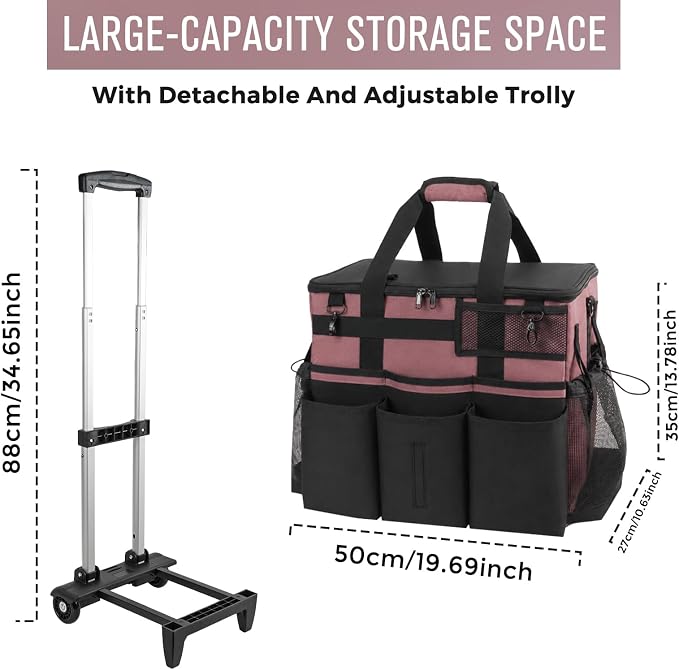 SCAVATA Rolling Cleaning Caddy Bag with Detachable Trolley & Wheels | Large Cleaning Supply Organizer, Portable Multi-Pocket Cleaning Cart for Housekeeper, Adjustable Shoulder Strap, LotusPink - Image 5