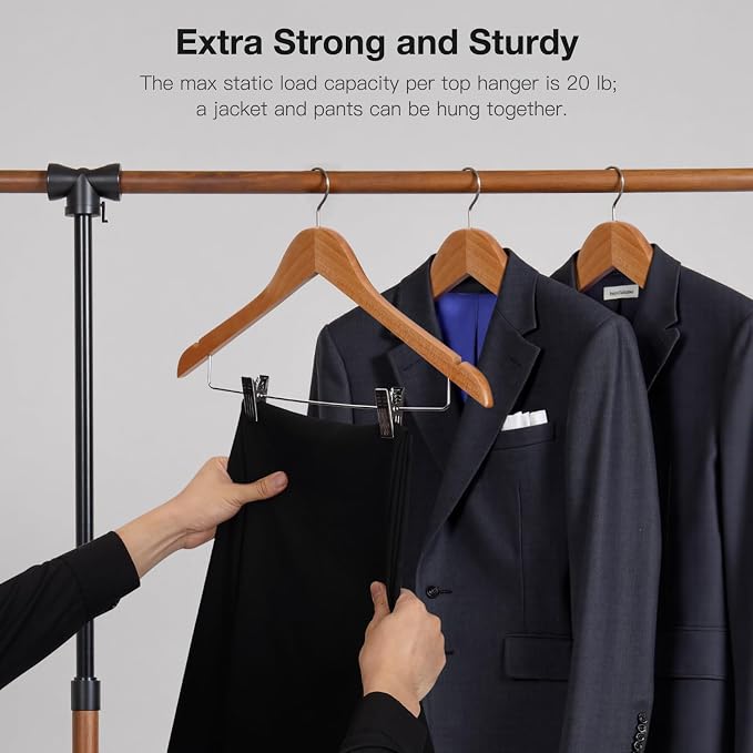 Wooden Hangers with Clips 12 PCS Pants Hangers with Clips,Smooth Solid Wooden Pants Hanger,360 Swivel Hooks & Adjustable Clips,for Jeans,Skirt,Suit,Shorts,Scarf - Image 5