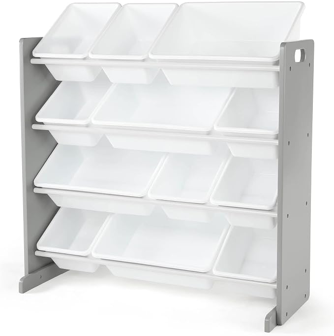 Humble Crew Kids Toy Organizer with 12 Bins, 4 Tier Storage for Playroom | Sturdy wood and steel toddler shelf, removable BPA-free containers, wall anchor anti-tip safety kit for bedroom or classroom by HumbleCrew