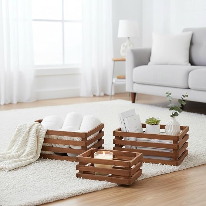 Set of 3 Nesting Wooden Storage Crates - Large Rustic Wooden Storage Crates for Display Brown Wood Container Boxes Wood Baskets for Farmhouse Flower Stand Display Rack for Shops Exhibitions Home Decor - Image 2