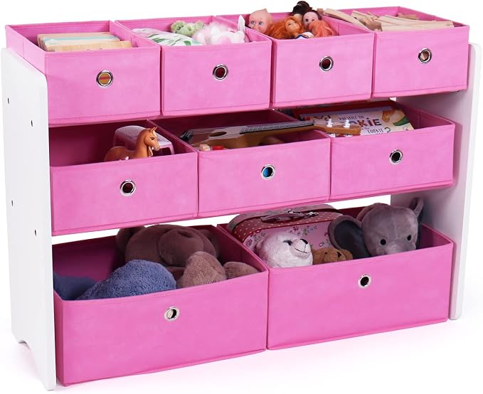Humble Crew Kids Toy Organizer with 9 Fabric Bins, 3 Tier Storage Shelf | Sturdy wood and steel toddler frame, collapsible containers, wall anchor anti-tip safety kit for playroom, bedroom, classroom - Image 3