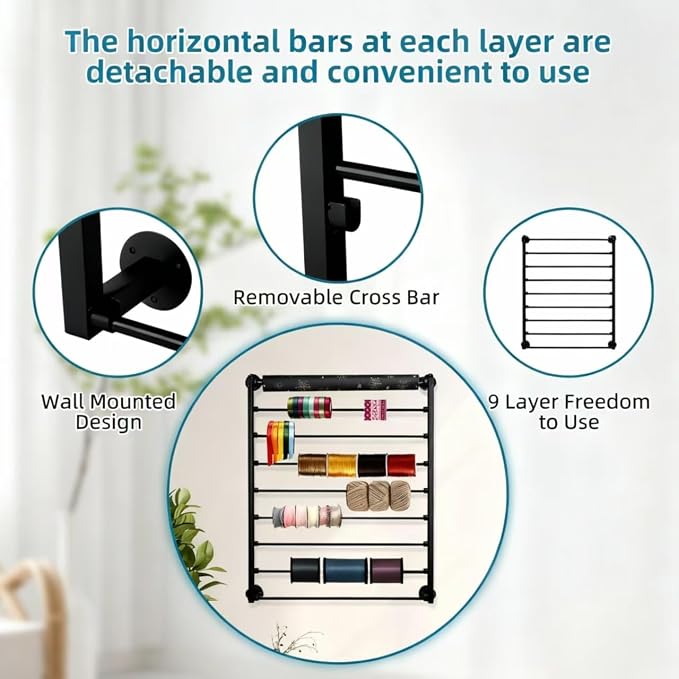 9 Tier Wall Mount Ribbon Organizer, Craft Room Storage Rack | Wrapping Paper Storage for Sewing Craft Mesh Thread Tape Wreath Crochet Craft Room Flower Shop(Black) - Image 4