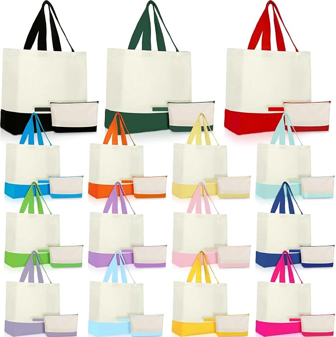 Sanwuta 30 Pcs Canvas Tote Bags Bulk with Zipper Cosmetic Pouch,Colorful | 18.5" Reusable Cotton Shopping Bag with Handle for DIY Craft by Sanwuta