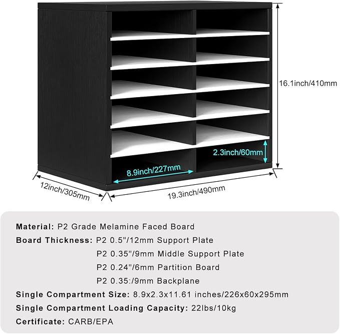 Countertop Mail Sorter Organizer, Wooden Literature Organizer, Student Mailbox for Classroom, Desktop Bill Organizer for Office Home School, 12 Compartments, Black&White - Image 2