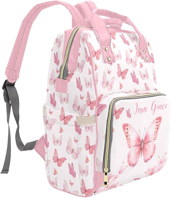 Custom Baby Diaper Bags with Name, Butterfly Pink Personalized Diaper Bag Backpack Mommy Bag Diaper Nappy Bags Casual Daypack Travel Shoulder Bag for Mom - Image 3