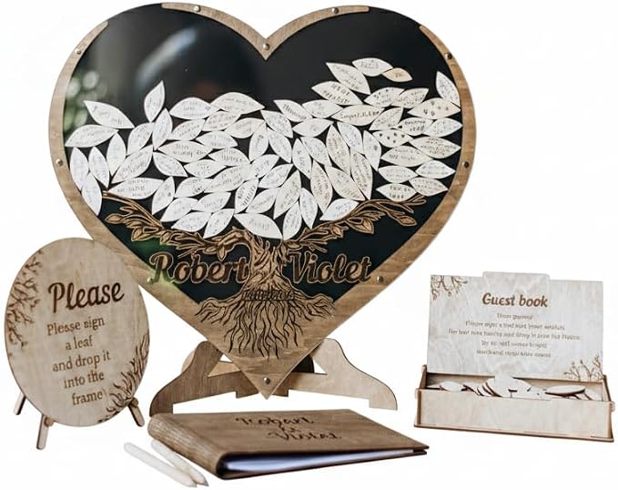 Tree Leaves Guest Book - Rustic Wooden Wedding Guest Book Alternative – Personalized Heart Drop Box with Tree Design for Reception, Baby Shower & Engagement Party Decor - Tree Guest Book for Wedding by Handmade