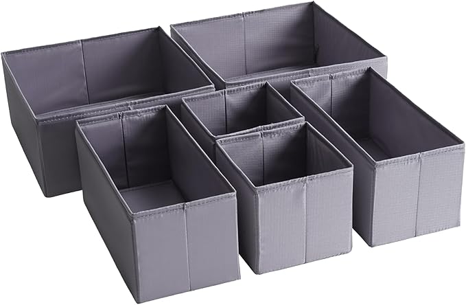 Drawer Organizers, Durable Fabric, Washable, with Base Support Boards, Small Storage Boxes for Bathroom, Closet, Dresser, Set of 6, Dark Grey by StorageOrganization