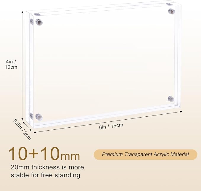 AMEITECH 4x6 Acrylic Picture Frame 5 Pack, Frameless Clear Photo Frames | Double Sided Floating Magnetic Frames, 20mm Thick, Free Standing Desktop Display for Postcards, Pictures and Artworks - Image 3