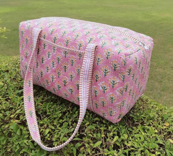 Cotton Floral Printed Quilted Duffle Bag Large | Hand Block Print, Weekender Bag, Shoulder Travel Overnight Bag, 20x10x10 Inches - Image 4