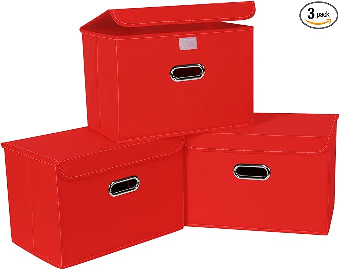 Linen Fabric Foldable Collapsible Storage Cube Bin Organizer Basket Fabric Storage Bins with Lid, Leather Handles, Removable Divider for Home, Closet, Red 3Pcs by SEVENDOME
