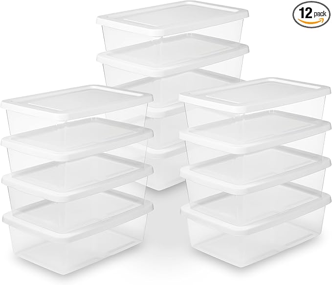 Sterilite Storage Box Stackable Tote, White, 12 Quart, 12 Pack | Clear Plastic Container with Secure Snapping Lids for Home and Office Organization by Sterilite