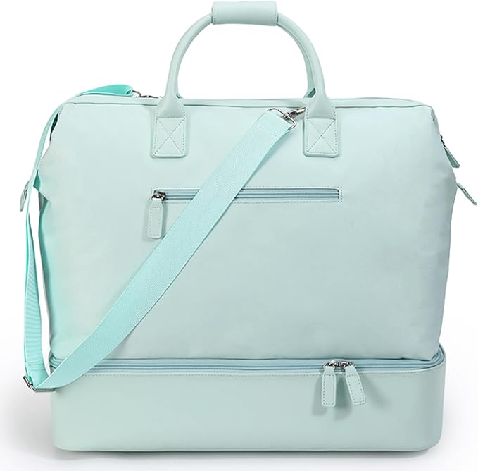 Nobl Travel Weekender Bag for Women & Men, Large Duffel Carry-On Tote | Trolley Sleeve, Separate Shoe Compartment & Laptop Pocket, Leather Overnight Bag for Airplane, Gym & Road Trips, Powder Blue by NOBL
