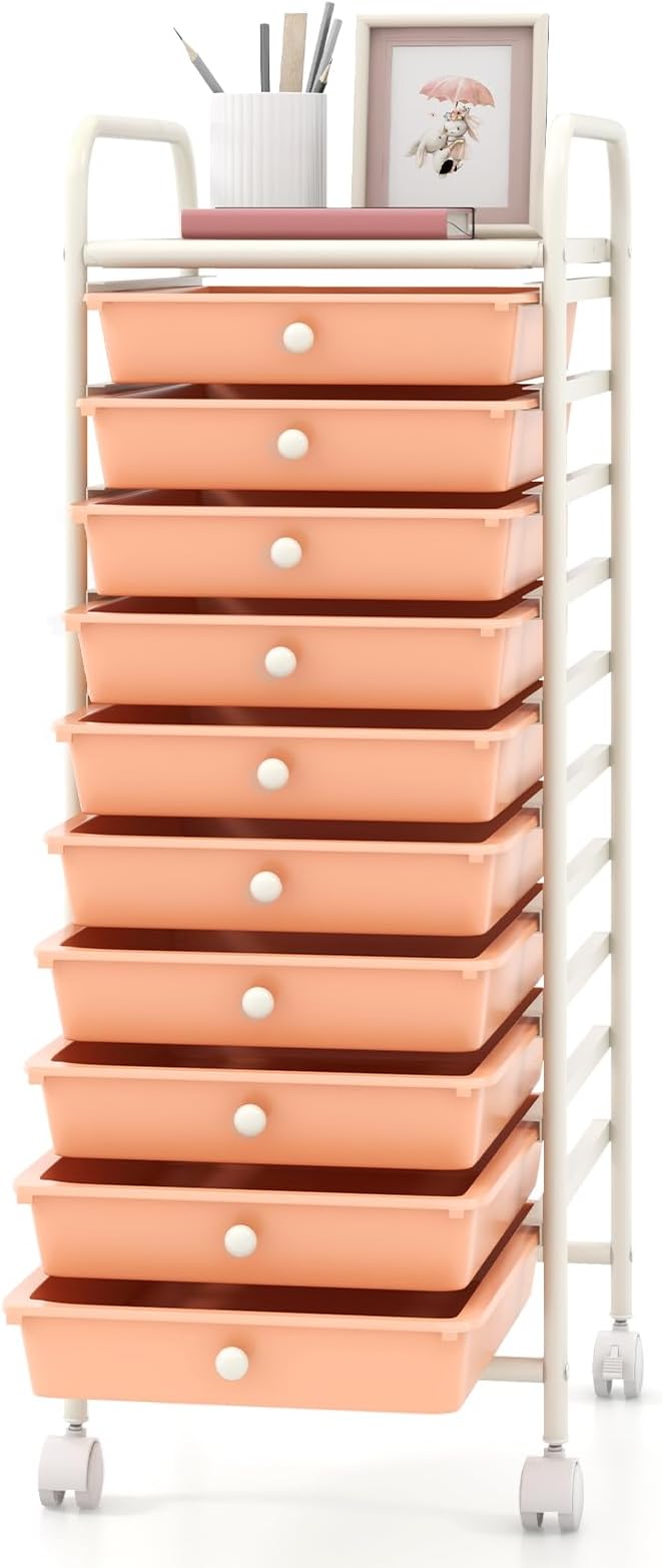 GOFLAME 10-Drawer Rolling Storage Drawer Cart, Utility Cart with Removable Drawers & Metal Frame, Mobile Art Craft Drawer Cart with Lockable Wheels for Home, Office, Studio, School, Peach Fuzz by GOFLAME