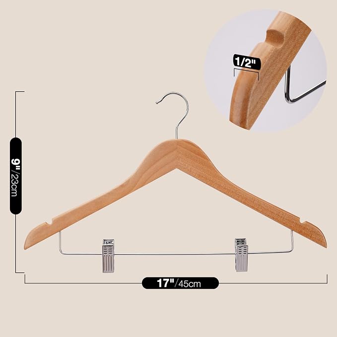 Wooden Hangers with Clips 24 PCS Pants Hangers with Clips,Smooth Solid Wooden Pants Hangers,360 Swivel Hooks & Adjustable Clips,for Jeans,Skirt,Suit,Shorts,Scarf. - Image 7