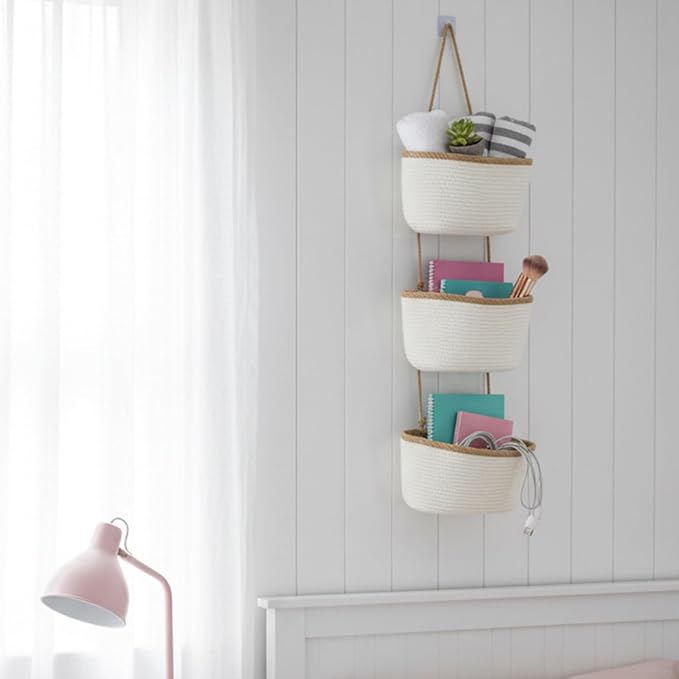 TeoKJ Over the Door Hanging Basket, 3-Tier Woven Cotton Wall-Mounted Storage Organizer Bag Decorative Hanging Nursery Baskets, White & Dark Brown - Image 5