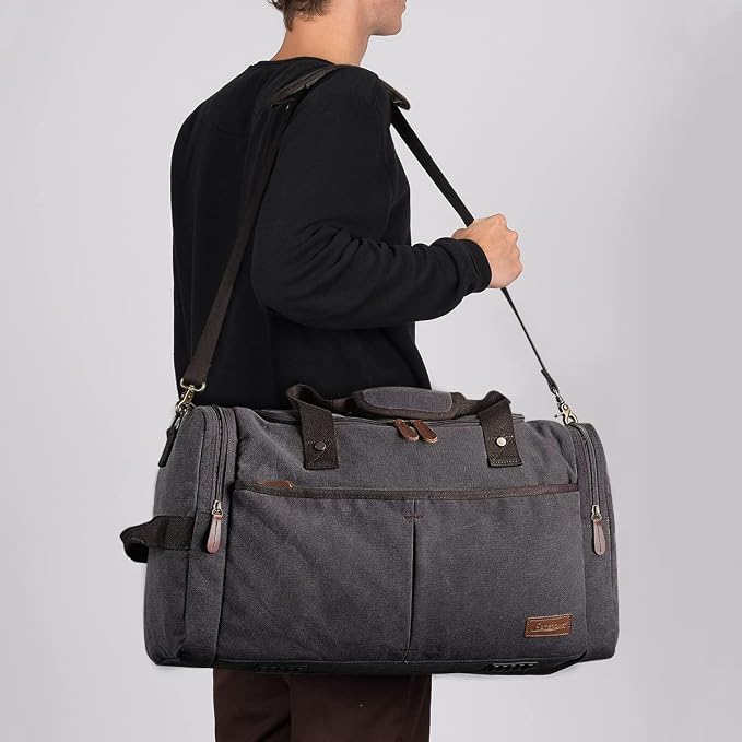 S-ZONE 65L Expandable Canvas Duffle Bag Travel Overnight Holdall Weekend Bag with Shoes Compartment Large Carry On Bag Tote Gym Bag for Men Women, Grey, L | Cotton Canvas, 45L Large Size, Shoes Compartment,Multi-Pocket, Removable Shoulder strap for Gym... - Image 6