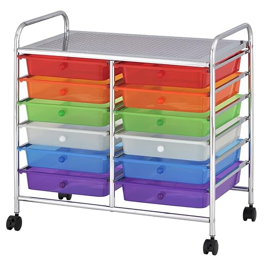 ECR4Kids 12-Drawer Value Mobile Storage Utility Cart, Assorted | Durable plastic bins, steel frame, GREENGUARD Gold Certified, 50 lb capacity, rolling casters, craft supplies, office, home by ECR4Kids