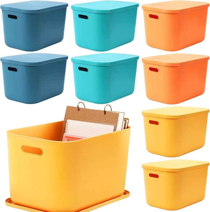 8 Pack Storage Bins, 14.2 X 10.2 X 9.5 Inch Multi-colored | Plastic Stackable Containers with Lid Handle, For Shelves Desktop Playroom Office, Organizing Toys Books Supplies Storage by Hoolerry