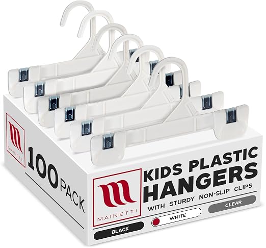 8in White Kids Pants Hangers with Non-Slip Clips (100 Pack) | Kids Pants Hangers with Non-Slip Clips for Pants, Skirts & Bottoms, 8-Inch White Sturdy Plastic, Space-Saving for Closets by Mainetti