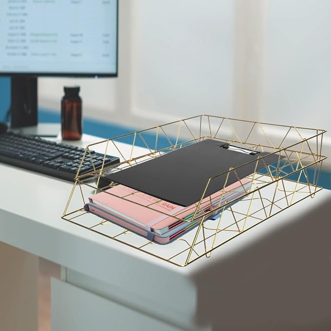 Performore 11x17 Stackable Metal Paper Tray Organizer, 2-Tier Wire Desk Trays for Office & Home, Gold File Holder for Documents, Mail, Folders & Tabloid-Size Paper - Image 6