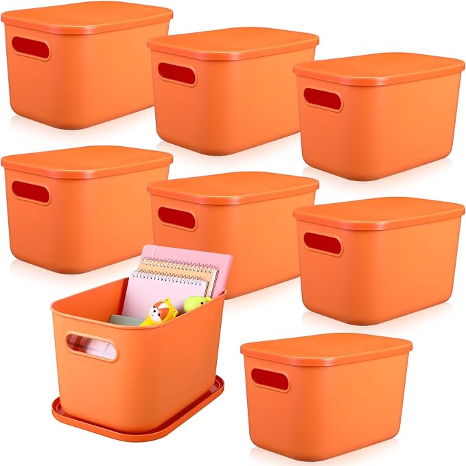 8 Pack Storage Bins, 10.2 X 7 X 6.3 Inch Orange | Plastic Stackable Containers with Lid Handle, For Shelves Desktop Playroom Office, Organizing Toys Books Supplies Storage by Hoolerry