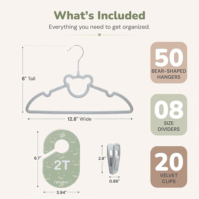 Velvet Baby Hangers with Clips & Size Dividers, 50 Pack | Organize baby clothes from newborn to 2T with 8 size dividers and 20 clips for outfits, pants, and growing wardrobes - Image 5
