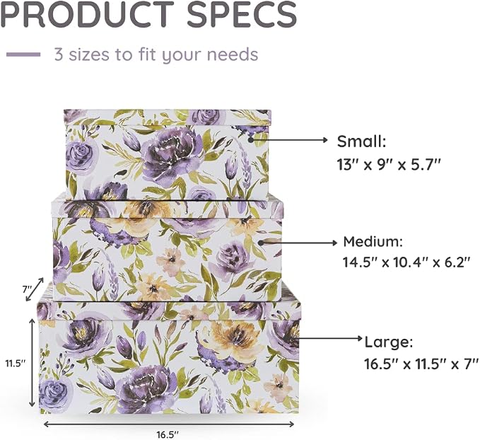 Soul & Lane - Purple Passion Decorative Storage Boxes with Lids, Set of 3 | Large Nesting Cardboard Keepsake Boxes for Memories and Gifts, Purple Lavender Floral Containers, Stackable Hat Box Style - Image 5