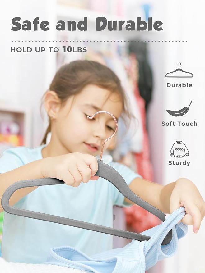 Kids Velvet Hangers 50 Pack, 14 Inch Premium Non Slip Kids Felt Hangers for Closet, Space Saving Toddler Clothes Hanger for Youth's Childrens' Clothes (Rose Gold Hook)- Grey | Premium Kids Hangers for Closet Storage, Space Saving Toddler Clothes Hanger... - Image 6