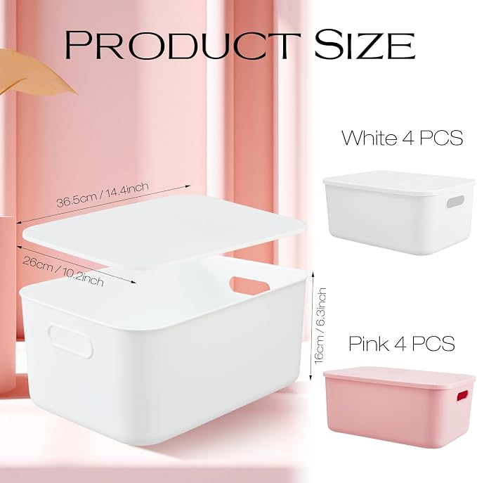 8 Pack Storage Bins, 13.8 X 9.8 X 5.9 Inch White and Pink | Plastic Stackable Containers with Lid Handle, For Shelves Desktop Playroom Office, Organizing Toys Books Supplies Storage - Image 2