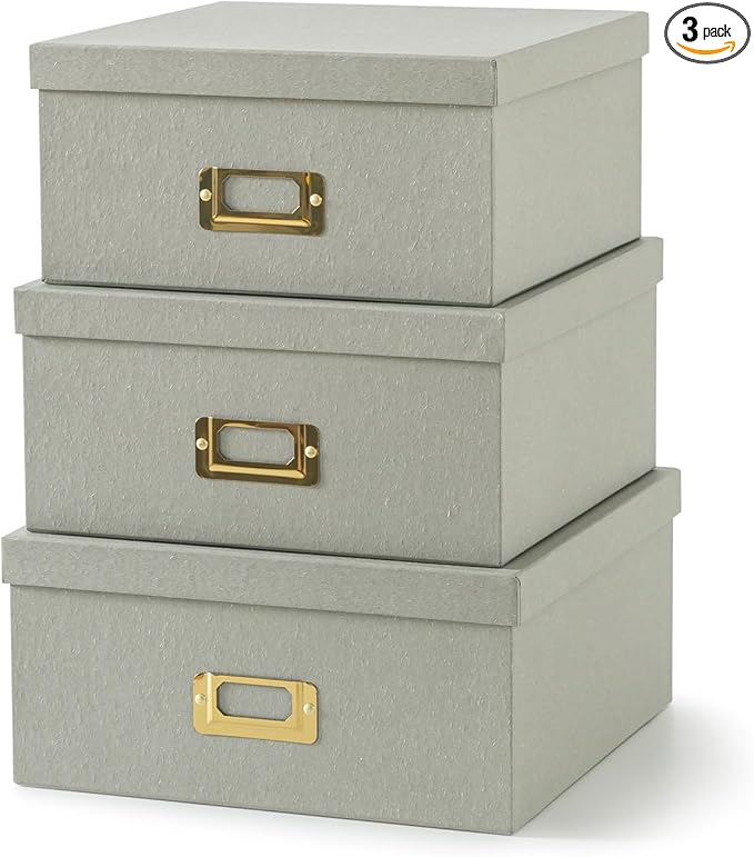 Soul & Lane - Gray Decorative Photo Storage Boxes with Lids, Set of 3 | Square Stacking Kraft Storage with Gold Label Holders, Nesting Cardboard Memory Boxes for Cards, Desk and Home Decor by SoulLane