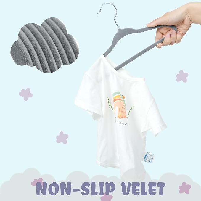 BAGAIL 50 Pack Kids Velvet Hangers 11 Inches Children's Clothes Hangers Non-Slip Baby Hangers for Infant/Toddler (Grey) - Image 4