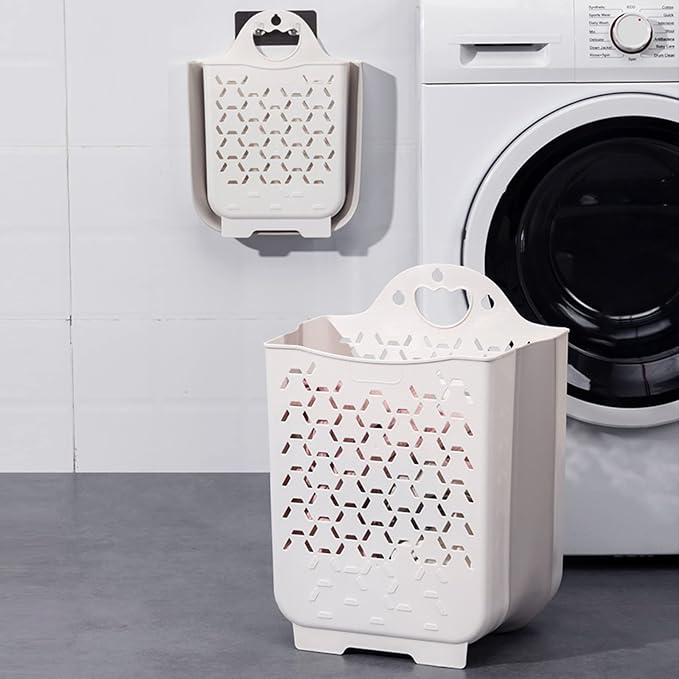 Collapsible Laundry Basket 2Pack,Space-Saving Hanging Clothes Hamper,White | Small plastic hamper, hung on wall/door. Ventilated, slim & portable. Narrow for bathroom, kitchen, travel, dorm, nursery. - Image 9