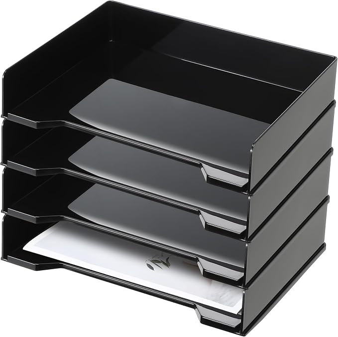 DoubleFill 4 Pcs Stackable Letter Tray Plastic Paper Tray, Black | 13 x 9.5 x 2.6 In, Rectangular, Paper Holder, File Tray for Desktop Office Desk Drawers by DoubleFill