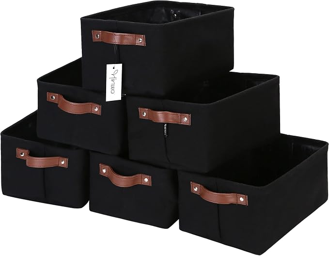 Hinwo 7.9L Compact Canvas Storage Bin with Handles, 6-Pack | Collapsible Fabric Baskets, Storage Cubes, Closet Shelf Organizers, Containers for Small Items Trinkets (Black) by Hinwo