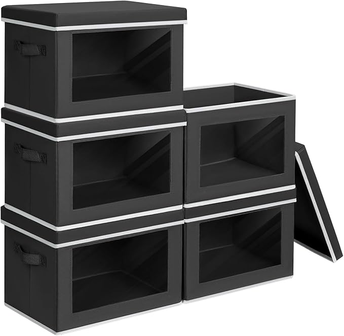 Stackable Storage Bins with Lids - Large Decorative Basket with Lids, Fabric Foldable Closet Organizer Bins, Shelf Organizer for Living Room, Dorm, 5 Pack, Black by Homsorout