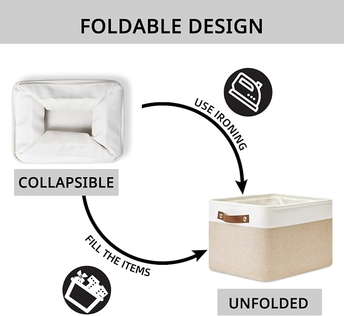 DULLEMELO Fabric Storage Bins for Laundry, Home, Foldable Storage Baskets for Shelves, Toys, Collapsible Storage Bins for Office, Closet,Bedroom(White&Khaki,L-15"x11"x9.5",4-Pack) - Image 5