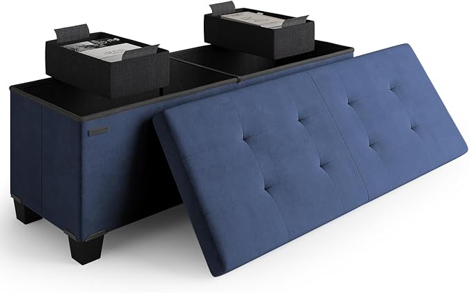 Storage Ottoman Bench with Bins, 43-in Storage Bench for Bedroom End of Bed, Folding Foot Rest Ottoman for Living Room Max 660lbs, Velvet Ottomans, Blue by STORAGEBUD